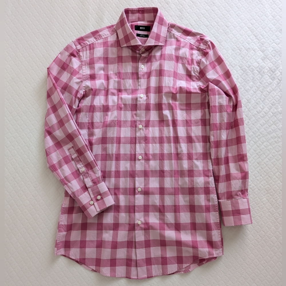 HUGO BOSS Men Checkered Pink Plaid Slim Fit Button Down Shirt, size 15